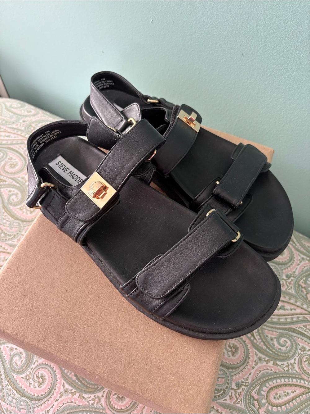 New Steve Madden Black Sandals with Gold Buckle Detail 11 Womens